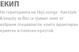 ЕКИП На територията на SkyLounge - hairstyle & beauty за Вас се грижат екип от избрани специалисти, които гарантиран приятен и полезен престой. 